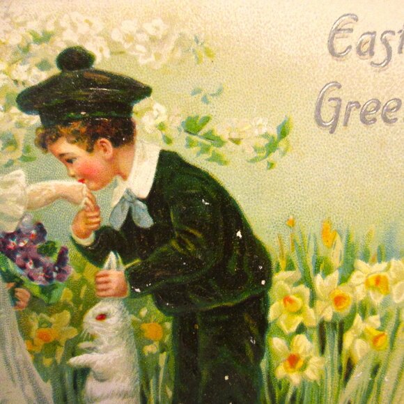 Antq Easter postcard of a young man kissing a little girls's hand - Picture 3 of 6